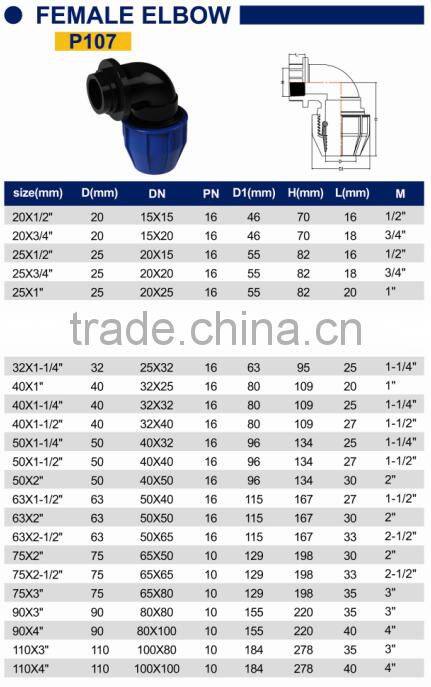 TY High quality PP compression fittings FEMALE ELBOW eco-friendly Cheap Price Full Size factory price list discount