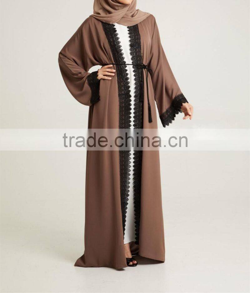 Dubai wholesale clothing 2017 Tassle belt Lace detailing Pop up buttons Mocha Nida Open Dubai Abaya