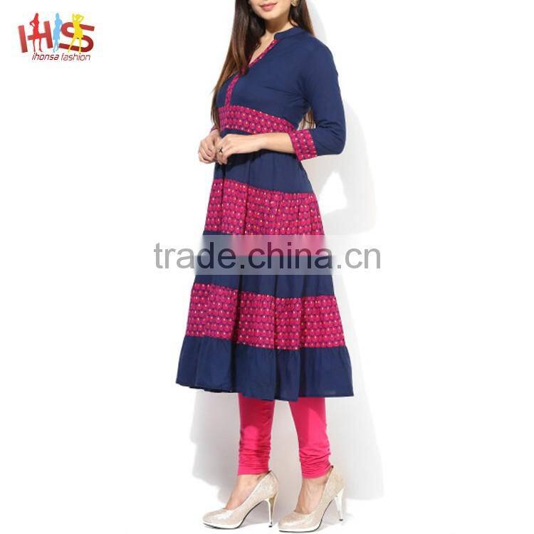 Latest pakistani kurti designs images navy blue and pink printed designer long ladies kurta design