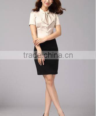 2016 short sleeve women formal blouses uniform silk satin top