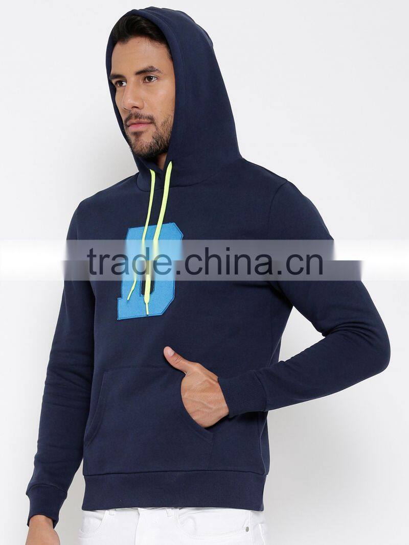 Navy Blue Man Hooded Sweatshirt Customize Front Kangaroo Pocket Fleece Lined 80% Cotton 20% Polyester Fabric Material Hoodies