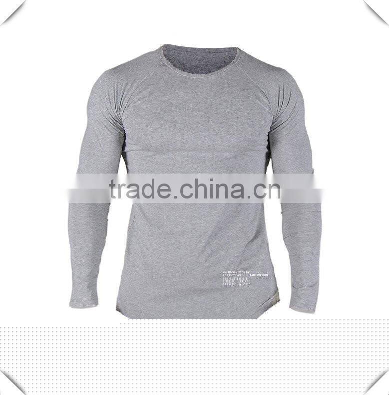 Lightweight Grey Plain Cotton Spandex T Shirt Mens Raglan Long Sleeve Curved Hem Tee Muscle Bodybuilding T Shirt