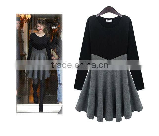 E8055 Long Sleeves Block Panel Skater Dress