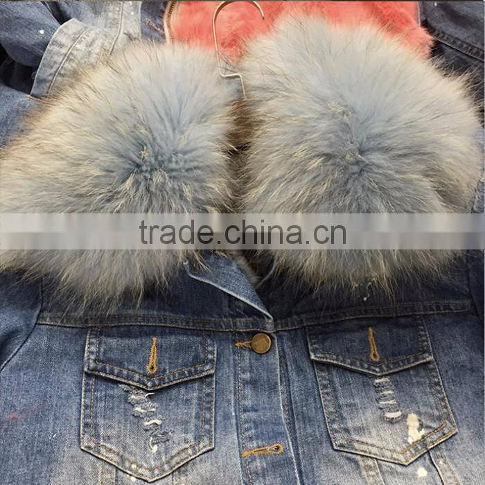 Myfur Cute Peach Fur Lining and Raccoon Fur Collar Trimmed Jeans Parka