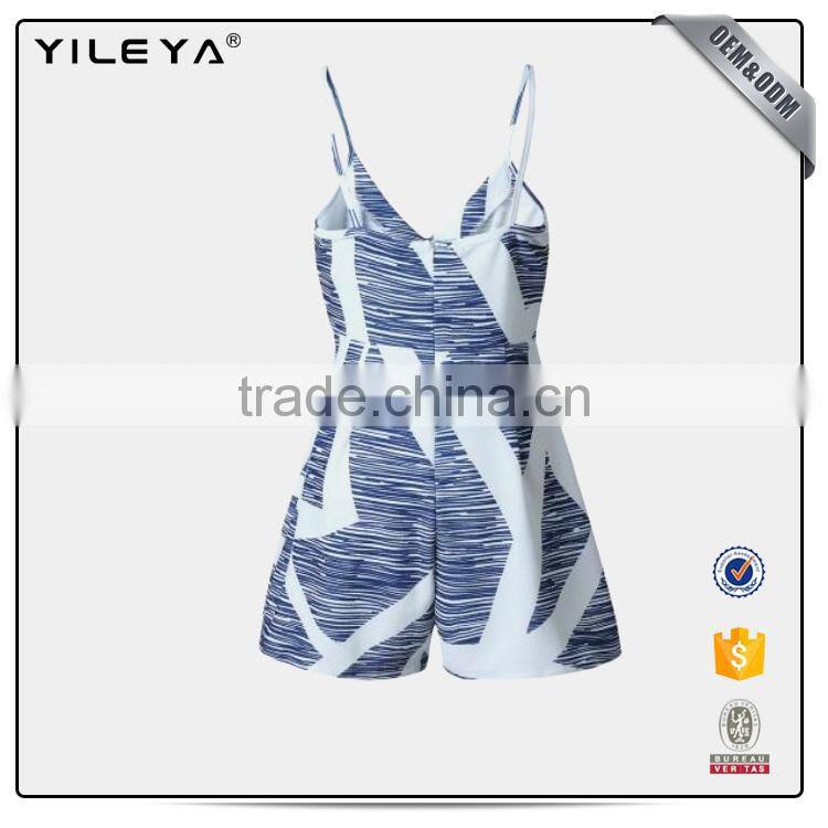 Fashion Design Pinstripe Spaghetti Strap V Neck jumpsuit Button Front Tie Waist Short Romper