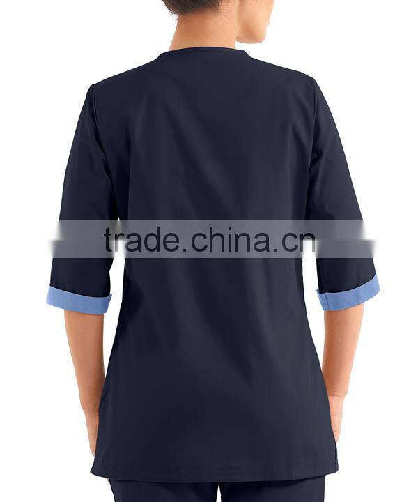 High Quality Female Color Contrasting 3/4 Sleeves House Keeping Tunic with One Button Closure