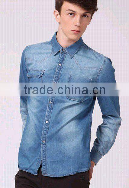European fashion style Light blue 100%Natural Cotton soft Denim/Retro Cowboy Shirt for men with S,M,L,XL,XXL peaked collar