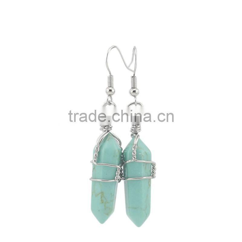Silver Wire Wrapped Hexagon Prism Amethyst Natural Stone Drop Earrings