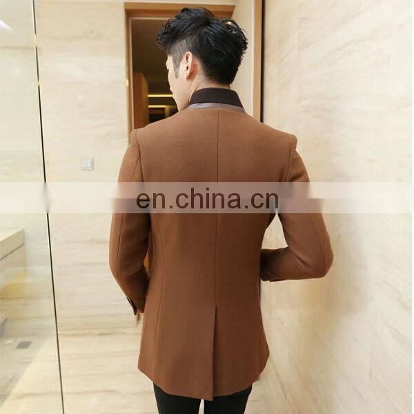 Newest Design Slim Fit Stand Collar Leather Trim Men's Wool Coats Camel