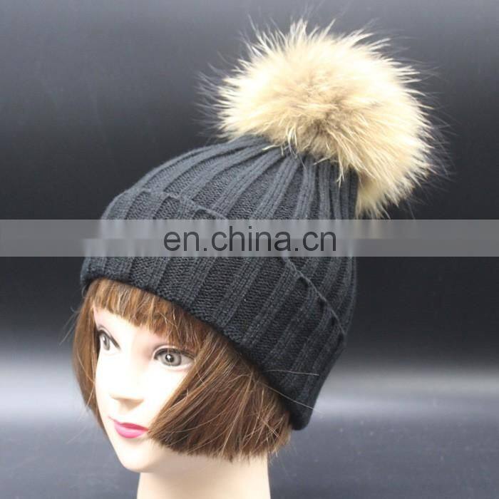 New Cute Winter Hat With Big Real Raccoon Fur Ball Crochet Baby Beanie Hat