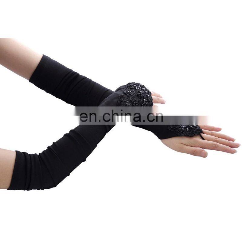 Grace Karin Womens 19" Lace Embellished Pleated Black And White color Fingerless Gloves Bridal Wedding Gloves CL010471