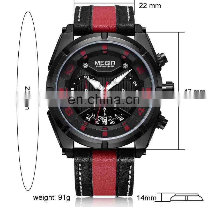 MEGIR 2076 Men'S Fashion Casual Quartz Movement Auto Date Leather Band Analog Watch Band Leather