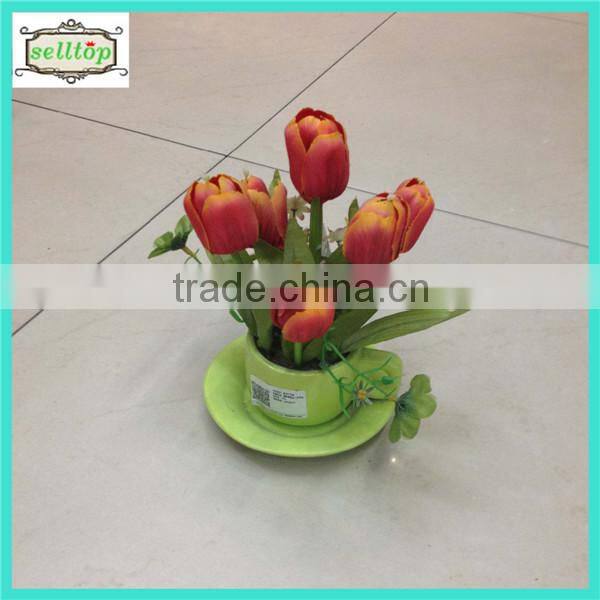 20cm 9 heads silk tulip with wooden pot artificial flower bonsai