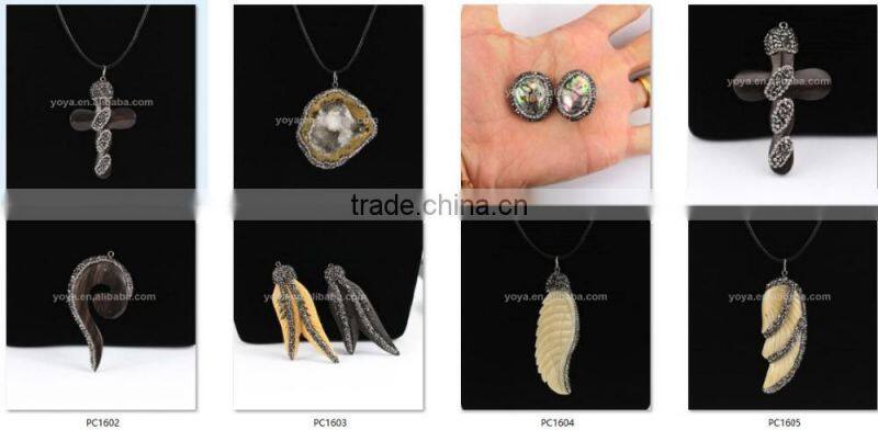 PC1619 Crystal Pave Weathered Agate Diamond Setting Handmade Pendant