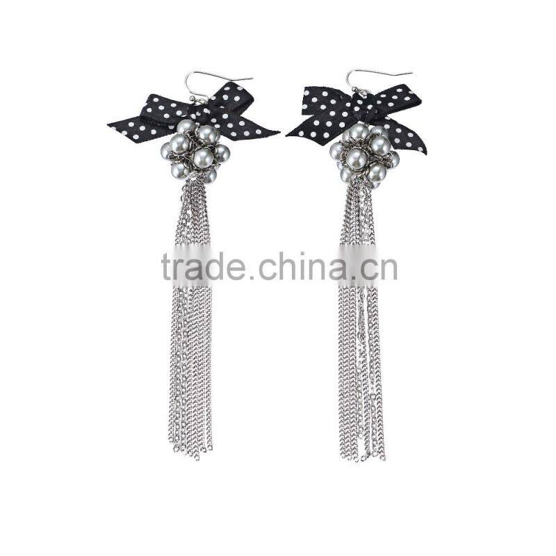Fashion Jewelry black Color silver Chain Long Tassel Drop Earrings For Women With pearl