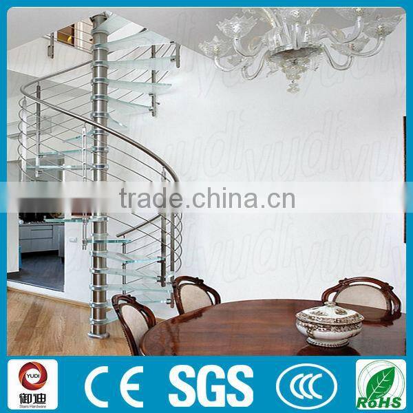 Curved Double stainlees steel stringer stairs with solid wood tread and glass railing