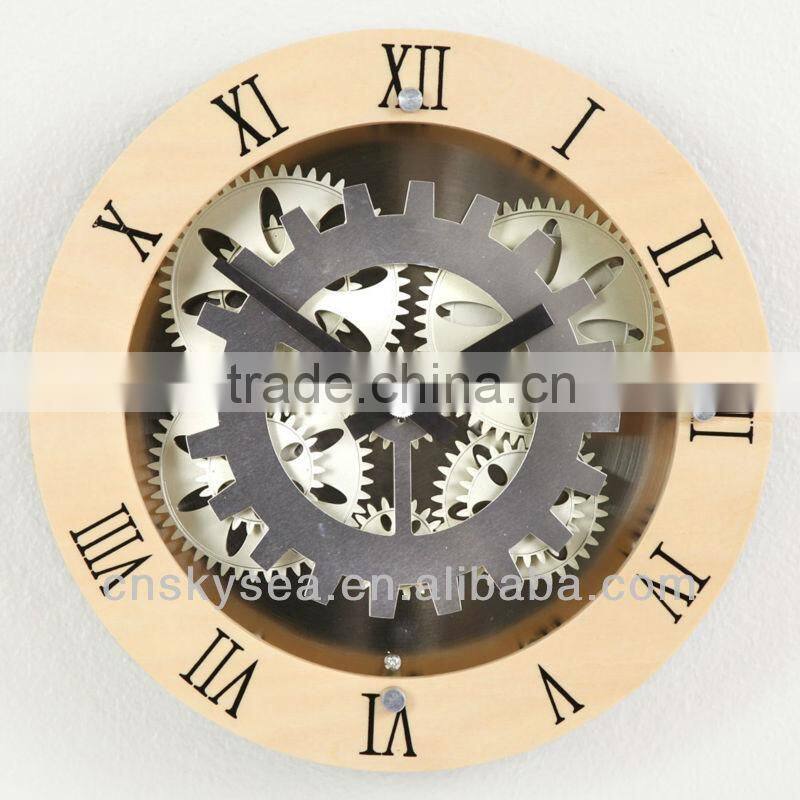 wood moving-gear wall clock with glass cover, decorative modern clock