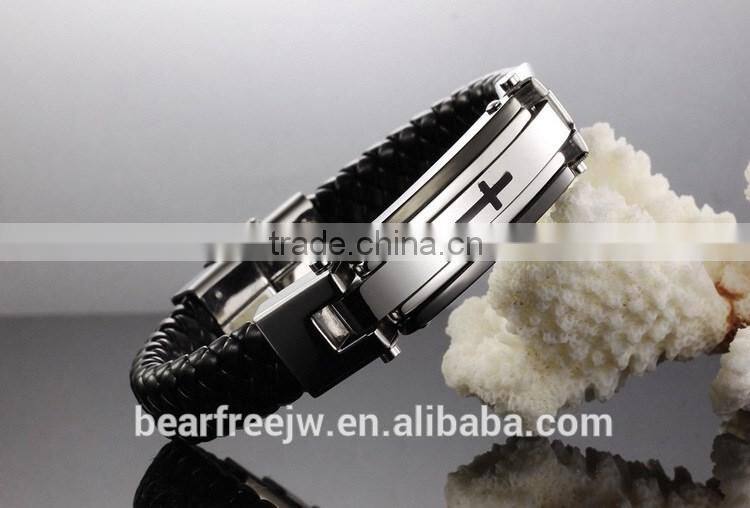 Fashion Solid Stainless Steel Cross Braide Leather Bangle Bracelet Men Jewelry