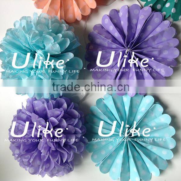 new design polka dot paper fan double used paper pinwheels fan and pom poms flowers wedding table decoration