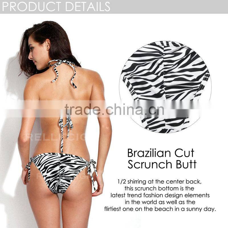 2016 RELLECIGA Zebra Print Push-up Triangle Top Swimwear with Adjustable Halter Strap & Brazilian Cut Scr