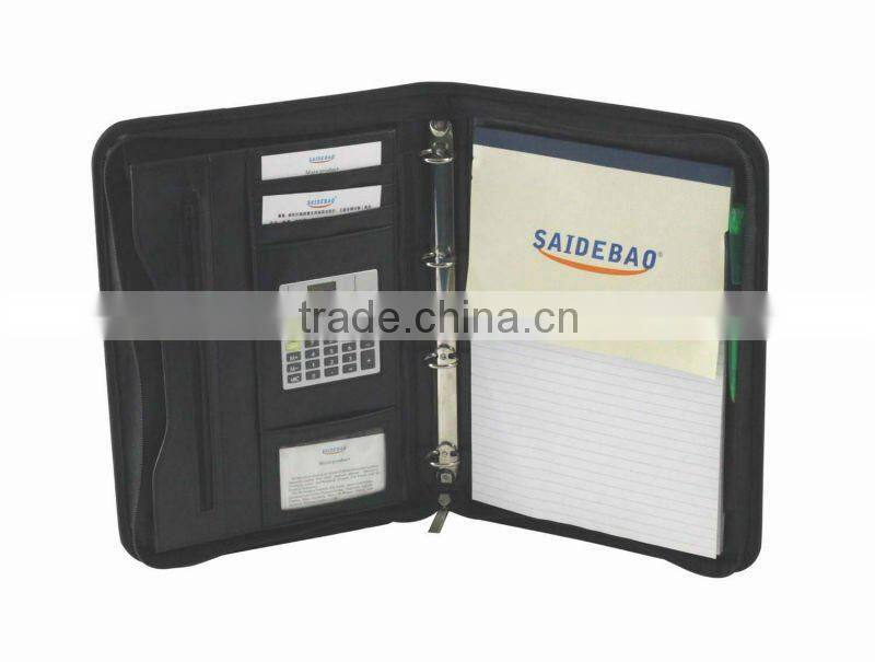 Zipper leather portfolio with notepad and calculator