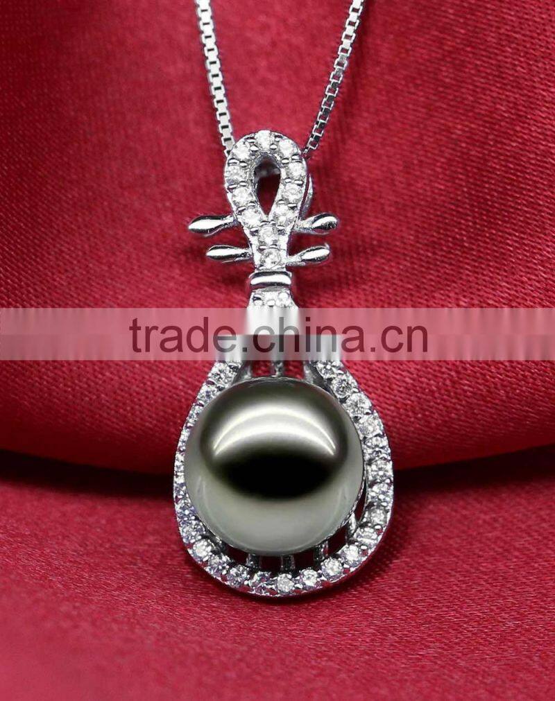 Beautiful Chinese Lute shape Tahiti AAAA Top Qualtity Round Black 10-11mm 925 silver Sea Pearl Pendant
