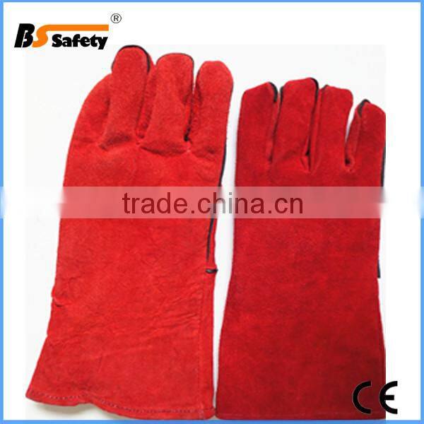 Red cow split softtextile leather long welding safety gloves full lined