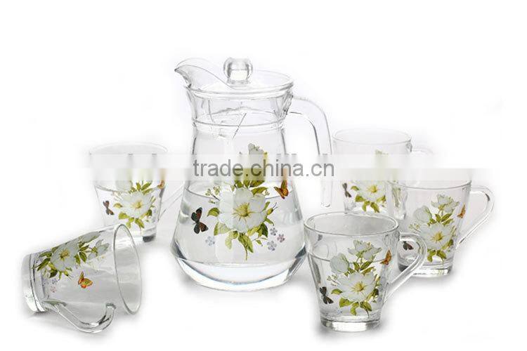 2015 new hot selling drinking glassware set, glass 7pcs water set with decal
