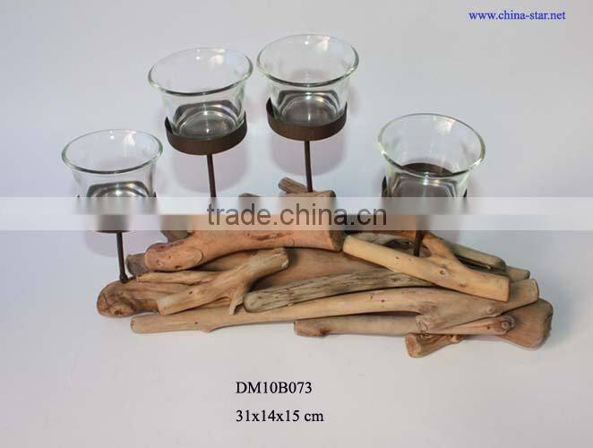 wooden candle holder with ceramic bird decor