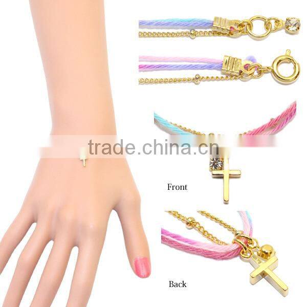 gold cross tiny zircon charms bracelet multi strand colorful thread gold chain bracelet