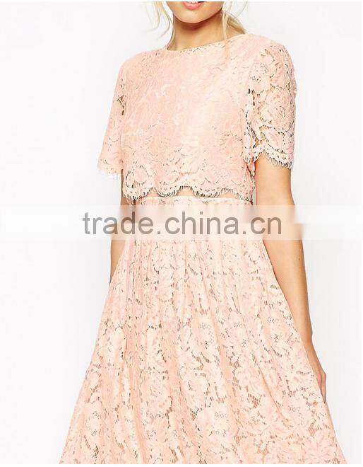 China Guangzhou clothing OEM Scalloped edges Round neckline Crop top Mesh insert Midi women dress
