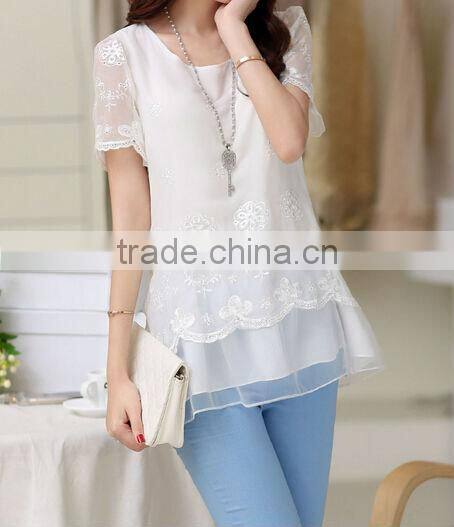 Embroidery lace chiffon round neck t- shirt with short sleeves