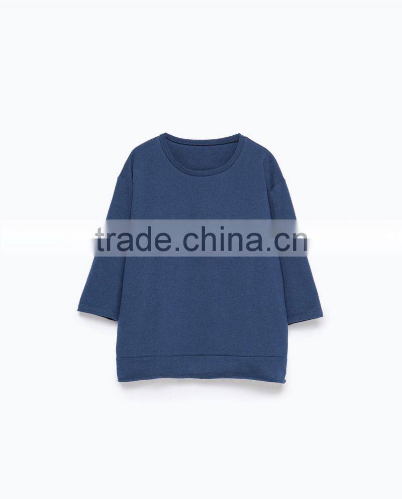 fashion cutting ladies loose top fleece cotton three quarter sleeve lady blouse