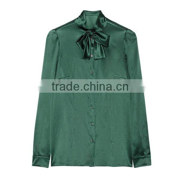 New high quality lady simple long sleeve green satin pussy bow blouse