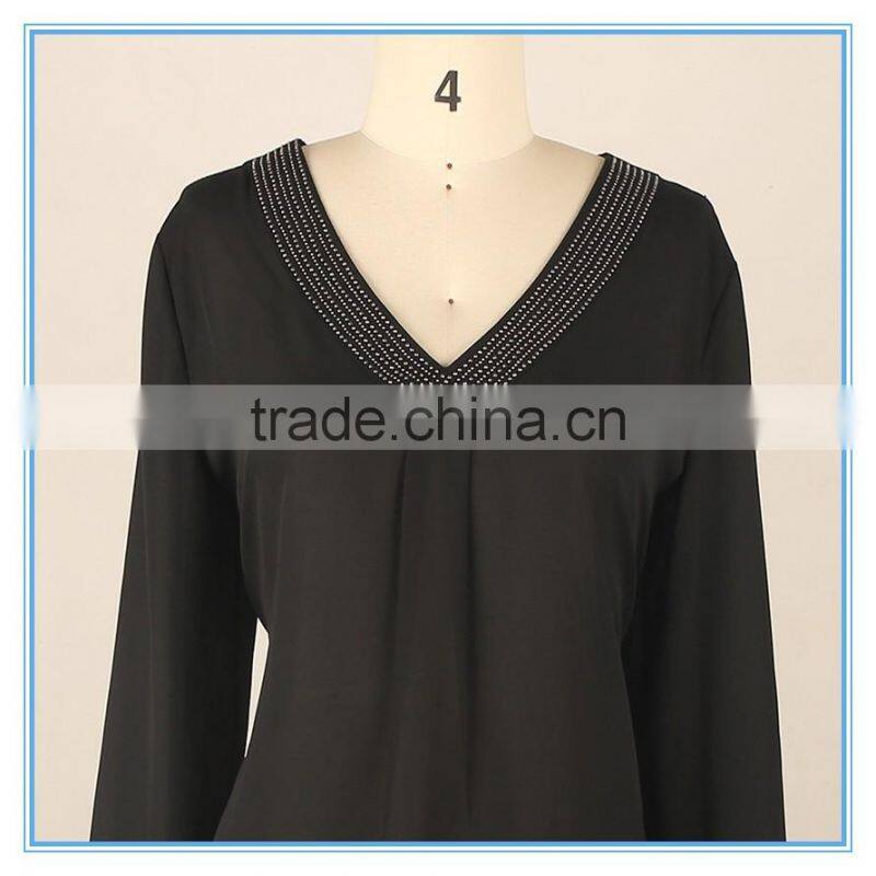 Black Simple Beaded Design Ladies New Fashion V Neck Chiffon Blouse 2016