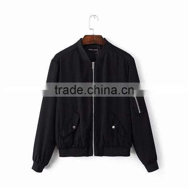 American Apparel Bomber Jacket Two Side Pockets Short Thin Side Zipper Sleeve Coat V-Neck Outerwear