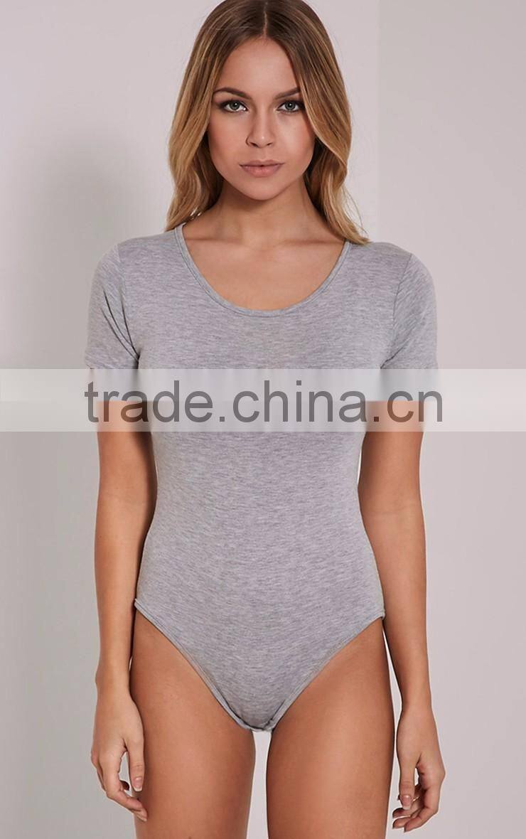Women Body Shaper Basic Grey Round Neck Bodysuit Short Sleeve 95 Cotton 5 Spandex Jumpsuit