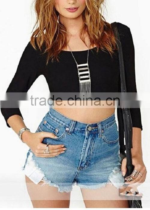 Latest design raw hem short denim jeans pants for women fashion ripped shorts with eyelets