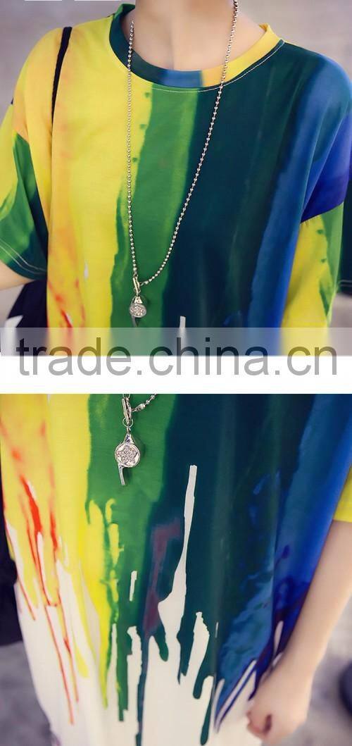 OEM Service Long Women Fashion Rainbow Printing Bedrukken Dames Dress Online T Shirt