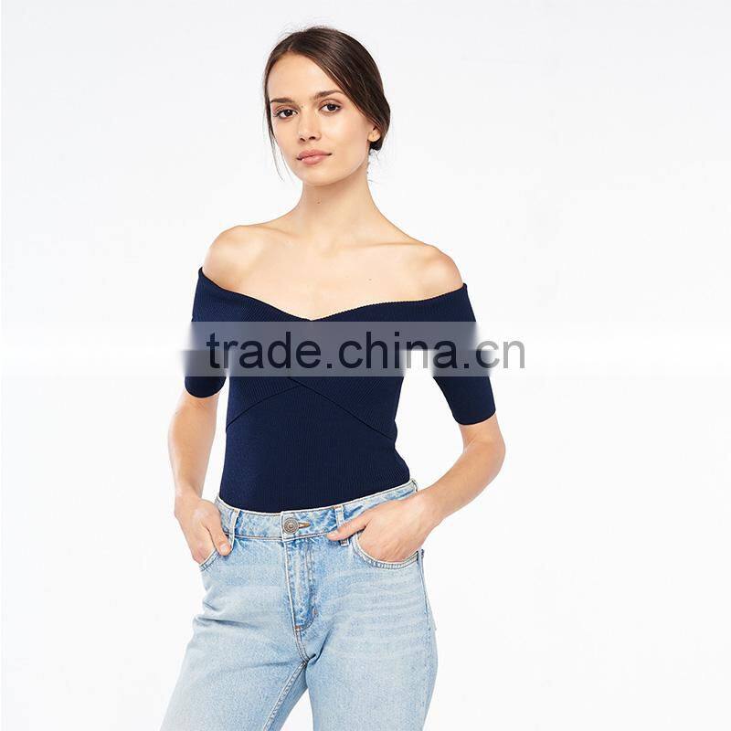 Elasticated knit crossover shape V-neck short sleeves strapless tank