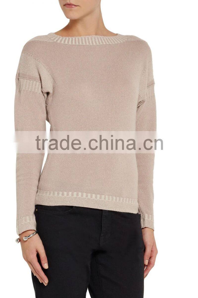Antique-Rose 100% Cashmere Loose Crew Neck Women Chinese Sweater with Inverted Triangle Stiching on Back