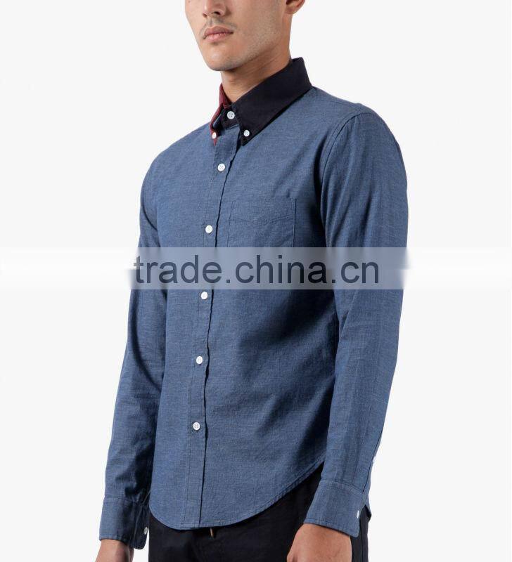 Long sleeve chambray button-down casual shirt with two-tone split contrast collar