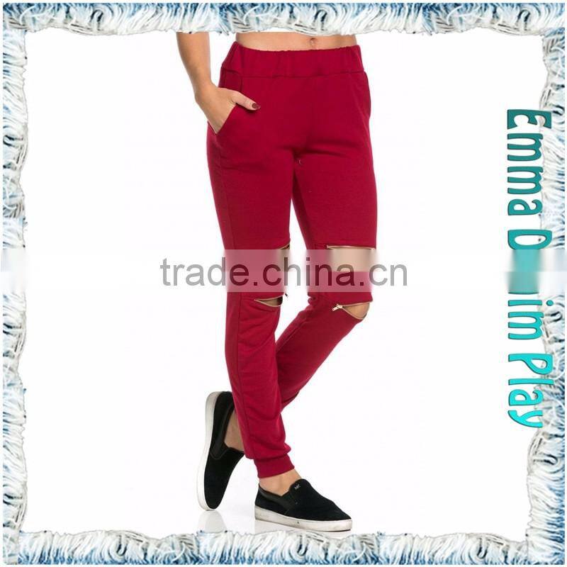 2017 Women High End Gold Zippers Knee Burgundy Jogger Pants