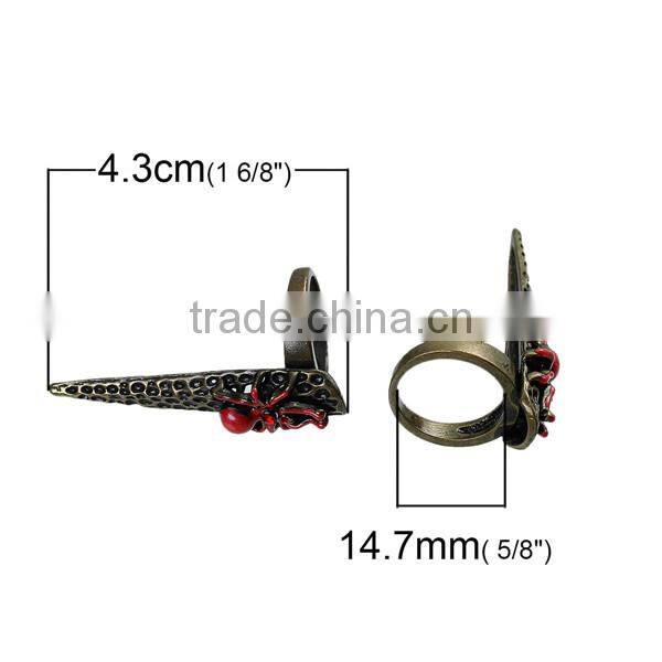 New Fashion Punk Unadjustable Fingertip Knuckle Nail Rings Antique Bronze Halloween Spider Carved Red Rhinestone Enamel 14.7mm