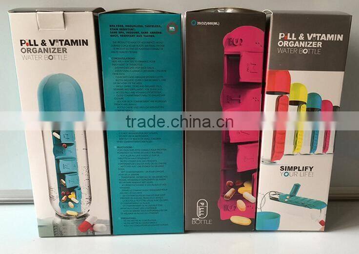 Plastic Sports Water shaker With Pill Box One Week Pill Organizer Drinking Bottle