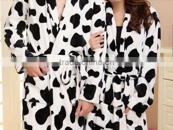 Chinese autumn and winter milk cow print coral fleece lovers bathrobe