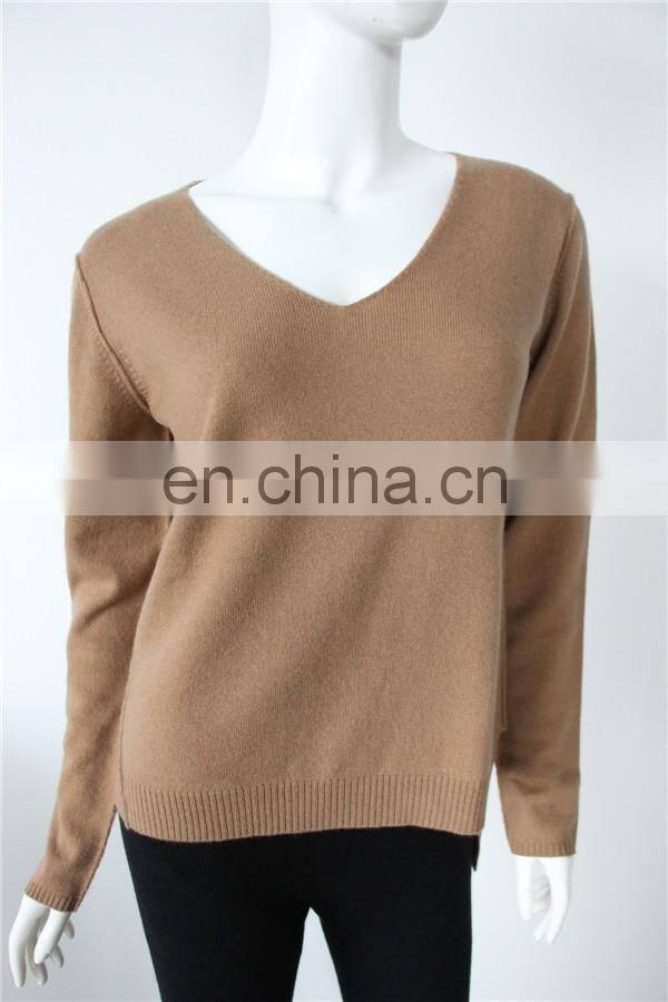 162-96 women flat knit v neck reverse cashmere sweater