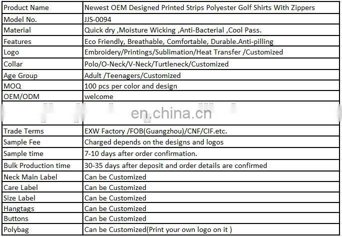 Newest OEM Designed Printed Strips Polyester Golf Shirts With Zippers