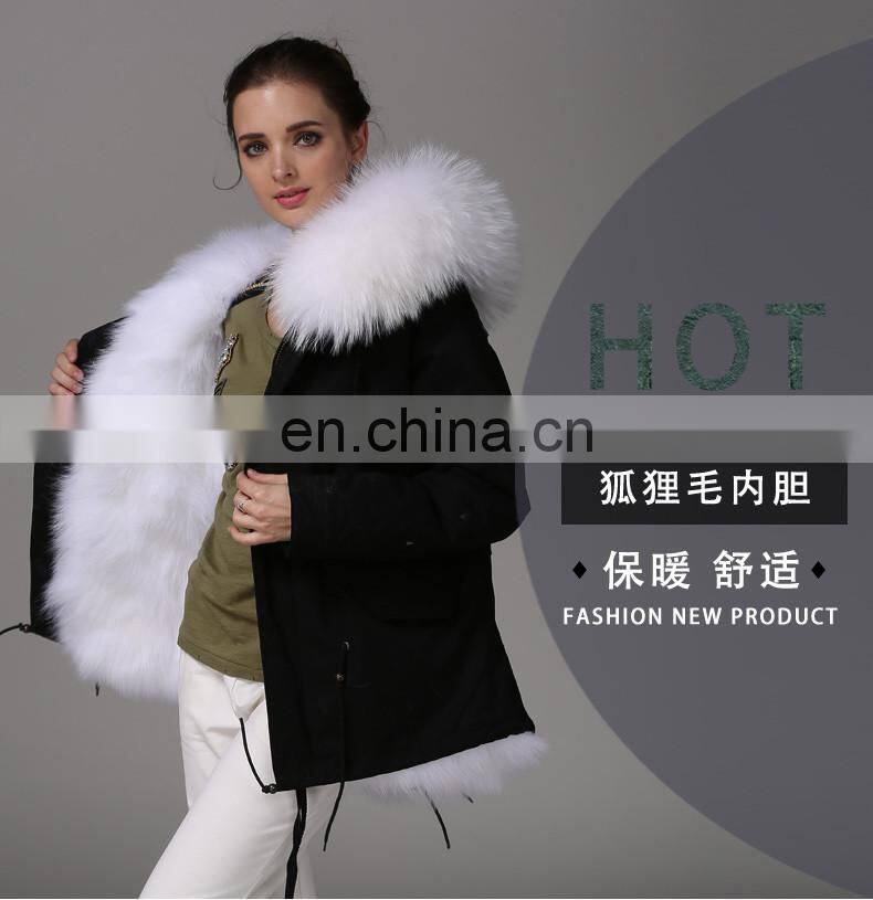 Fashion Women Black Jacket With Raccoon Collar And White Fox Fur Coat