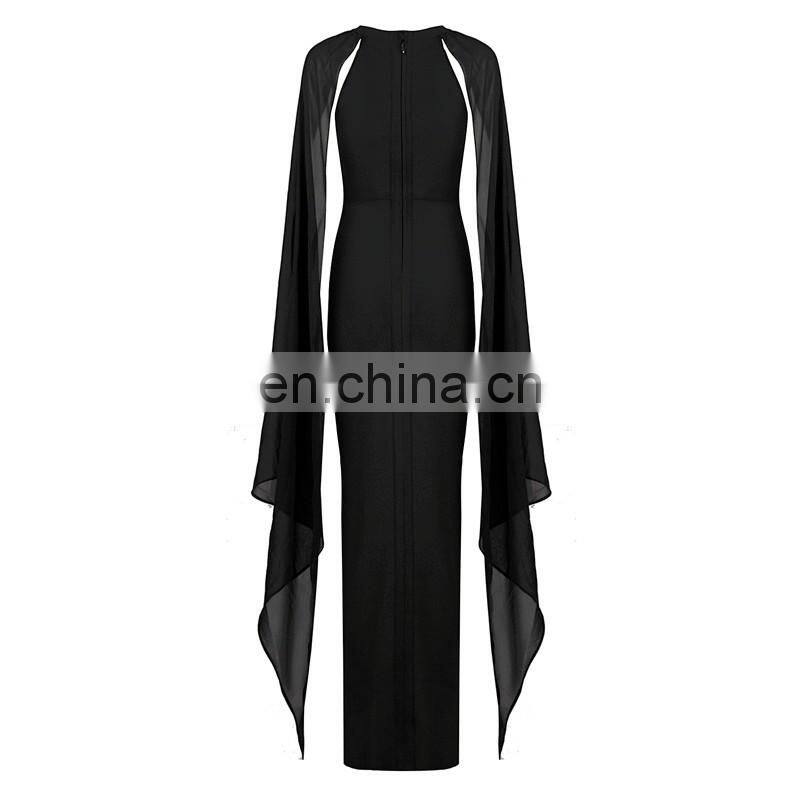 Amigo 2017 Black long chiffon cape sleeve high vent Barelegged long bandage dress modest dresses for young girls